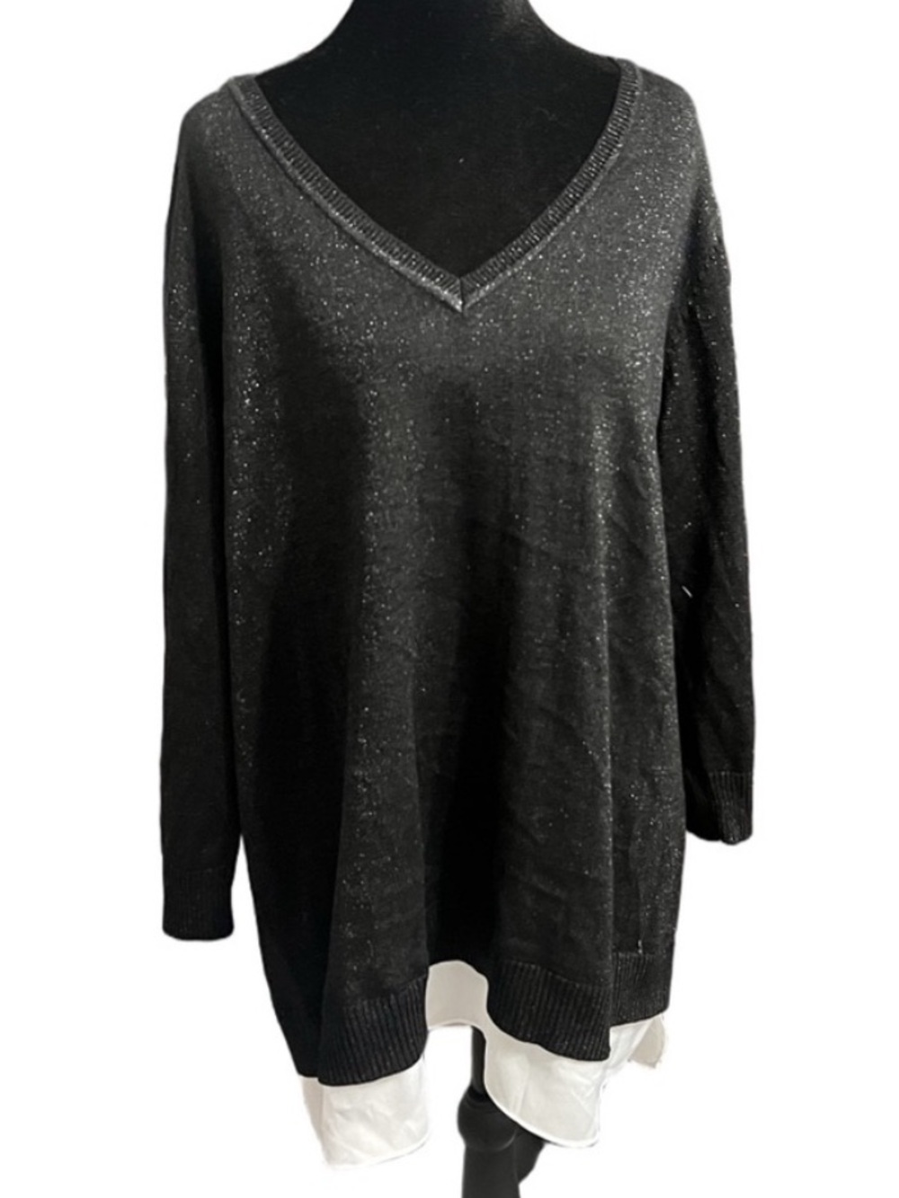 Calvin Klein Silk Blend V-Neck Sweater 2X Shimmer Black with White Trim